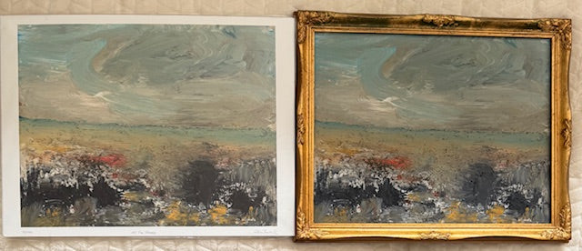 At the Shore — original painting (right) with actual sand embedded in the paint surface, alongside its giclée print reproduction (Left))