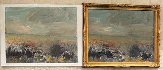 At the Shore — original painting (right) with actual sand embedded in the paint surface, alongside its giclée print reproduction (Left))