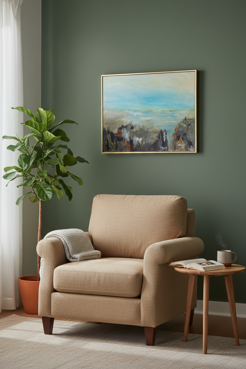 Tributary 16x20 above armchair in reading nook