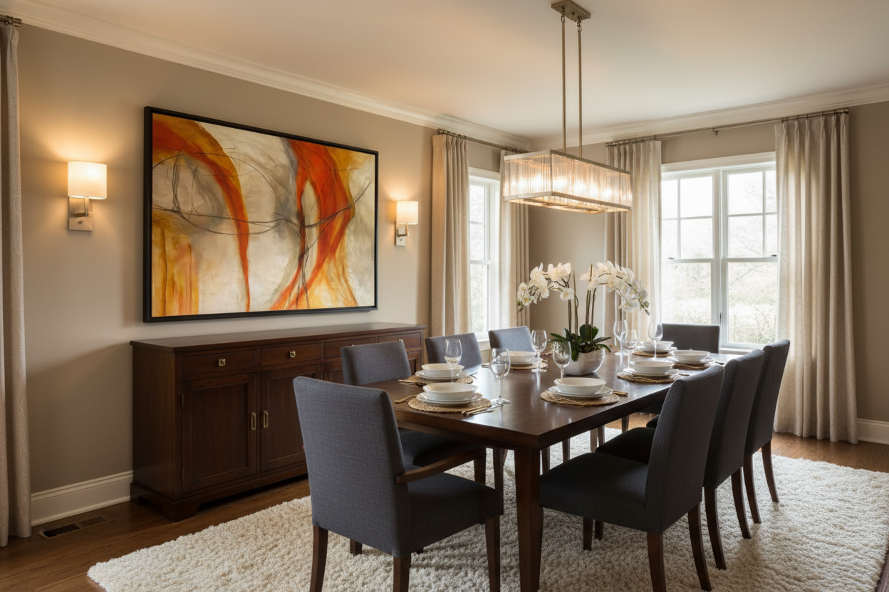 Your Orange Flow Painting Above Dining Room Buffet